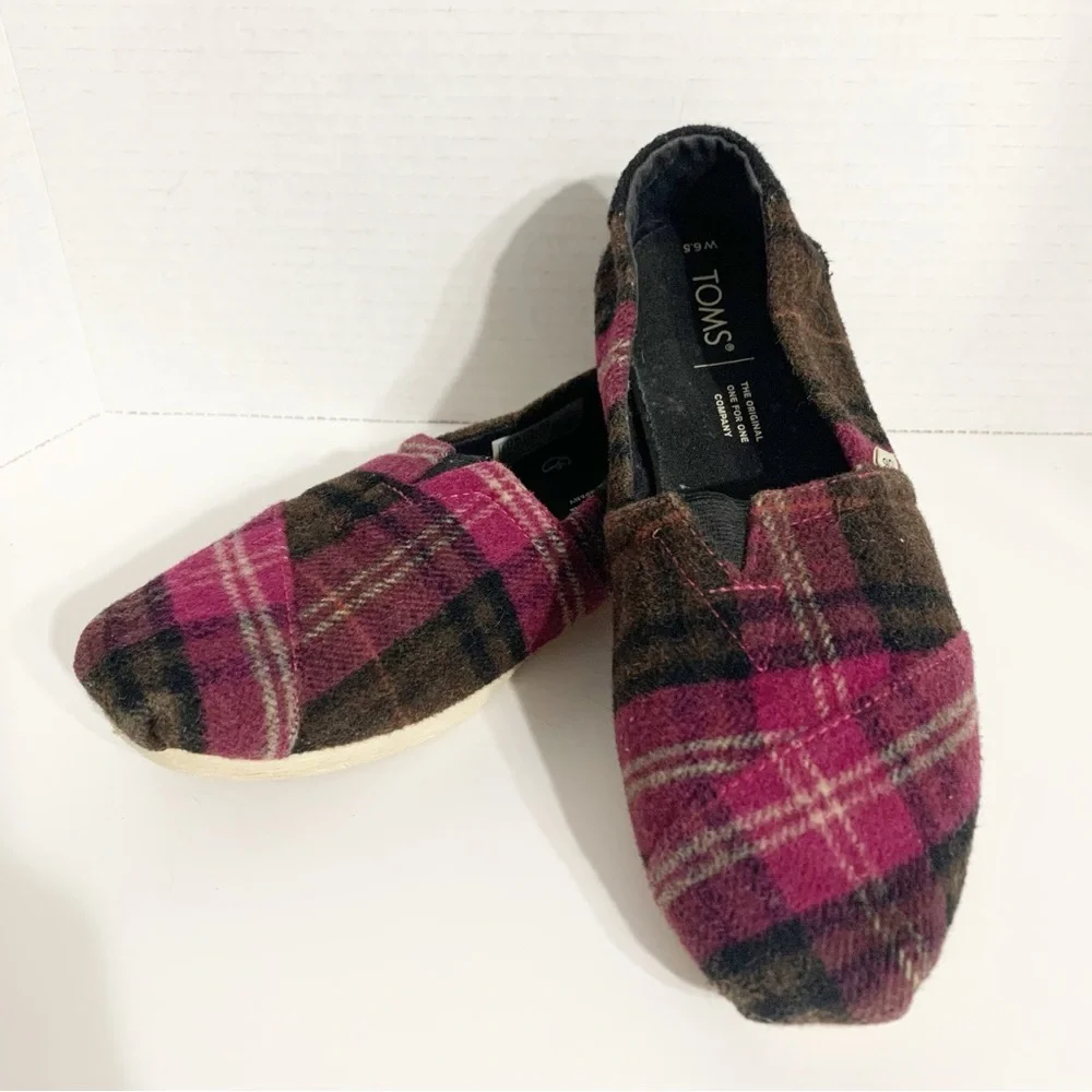 TOMS Classic Alpargata Flannel Plaid Slip On Flats Shoes 🩷🤎
